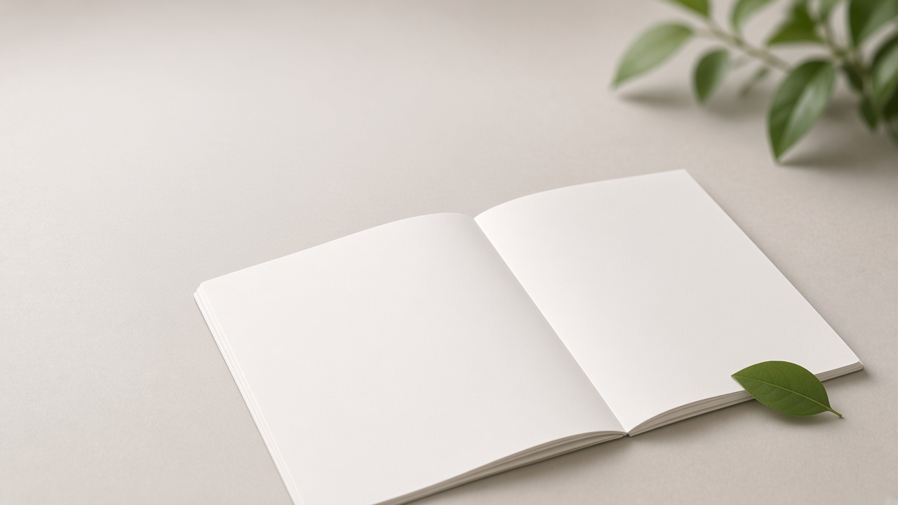 Açık boş bir defter ve yeşil bir yaprak.