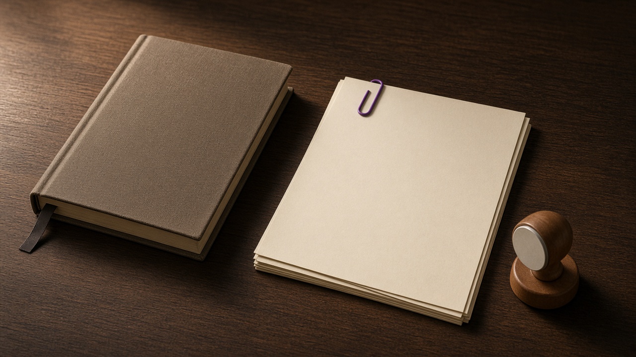 Kapalı bir defter, mor ataşlı boş evrak ve mühür.